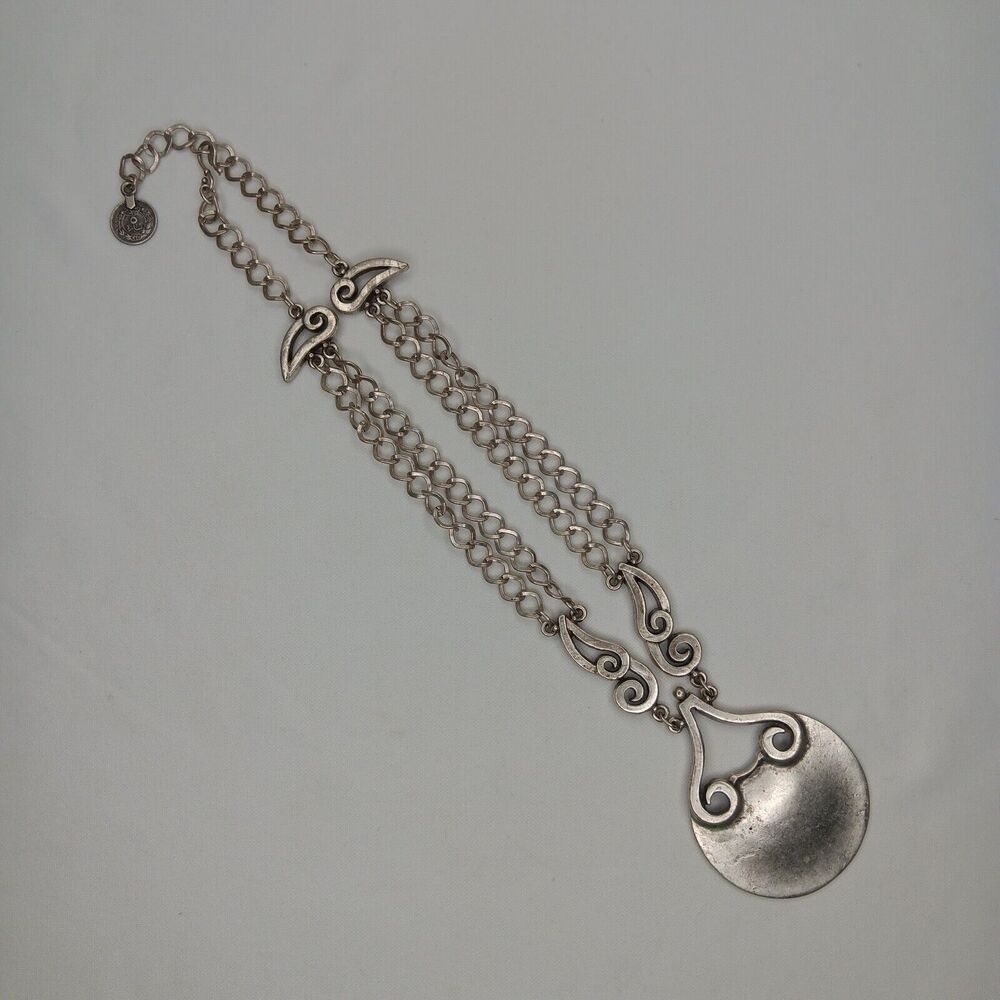 Qui Quattro Statement Necklace in Silve Tone Brutalist Pendant 20" Long